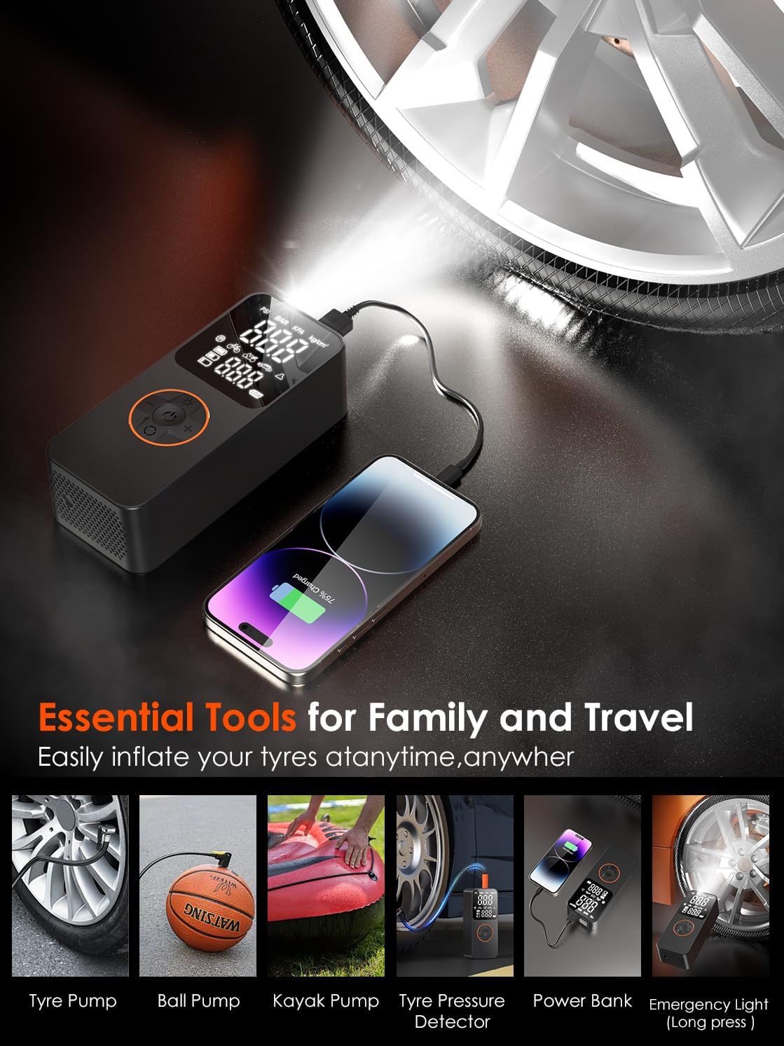 Tyre Inflator, Portable Air Compressor Cordless Tyre Inflator Rechargeable